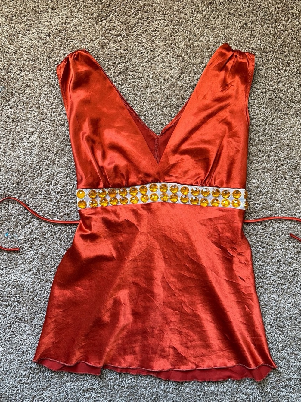 Satin V-Neck Jeweled Waist Top